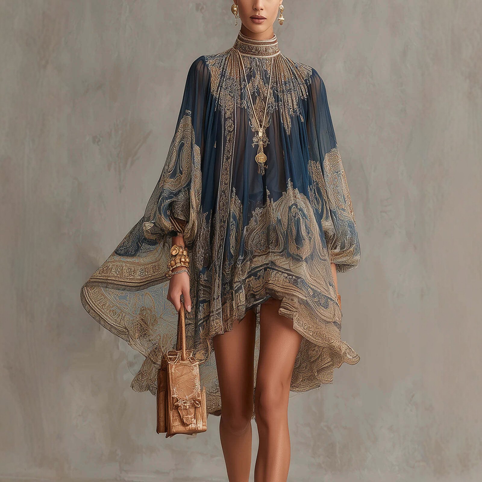 French Vintage Floral Midi Dress - New European-style High-neck Printed Chiffon Dress
