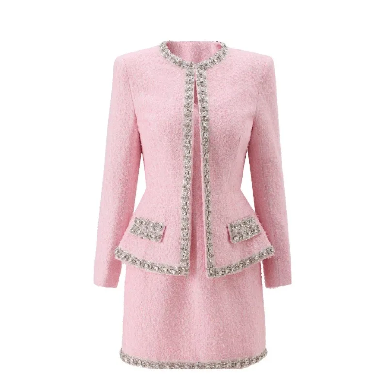 Tweed Two Piece Blazer Dress - Premium Pink Tweed Women Two-Piece Outfit,