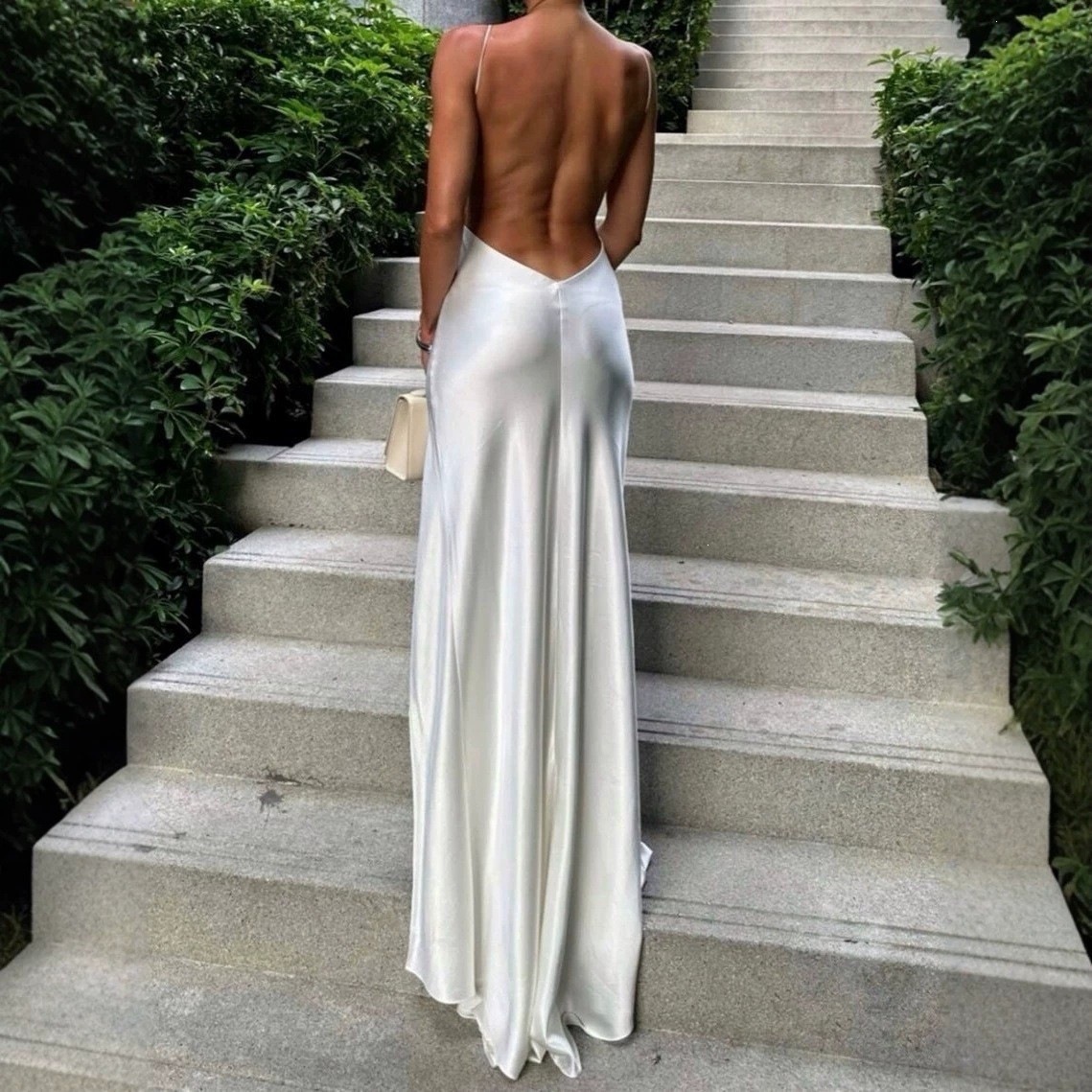 White Satin Maxi Evening Dress - đánh giá và giá Elegant Satin Evening Gown Split