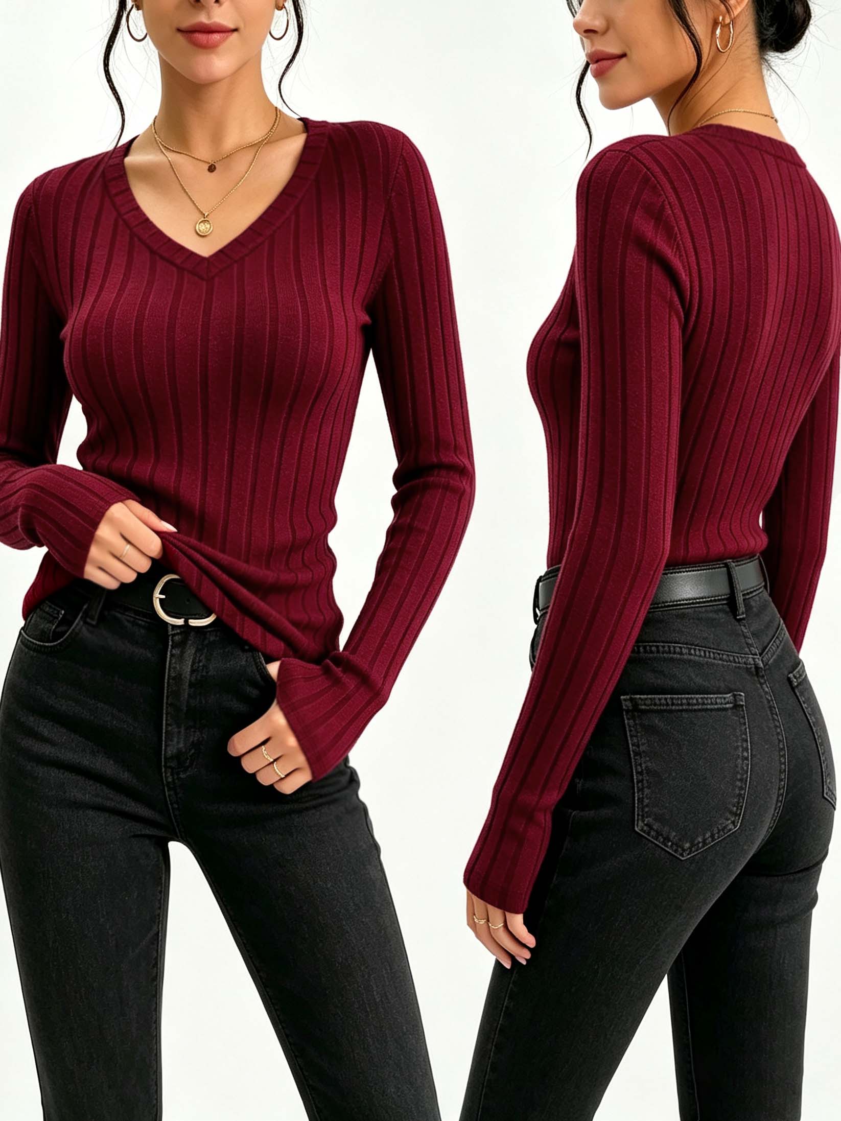 Women Solid V‑Neck Ribbed Knit - đánh giá và giá Blouses