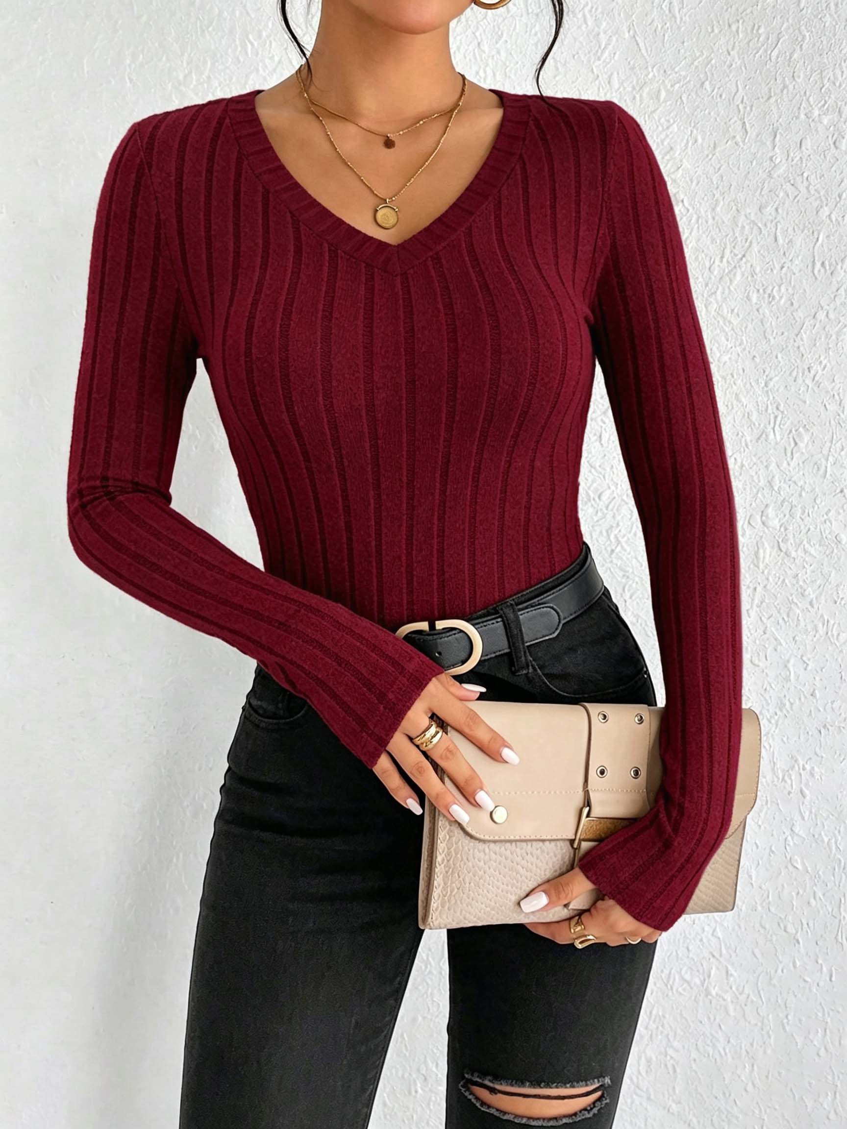 Women Solid V‑Neck Ribbed Knit - đánh giá và giá Blouses