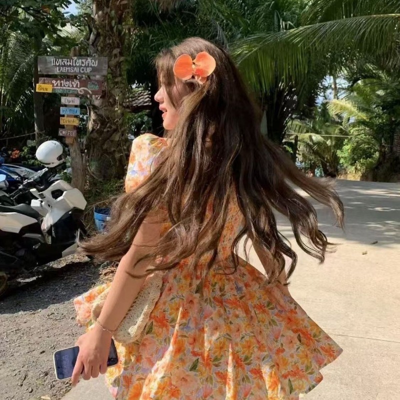 2026 new Orange Floral Print O - đánh giá và giá Off Shoulder Puff Sleeve Sundress