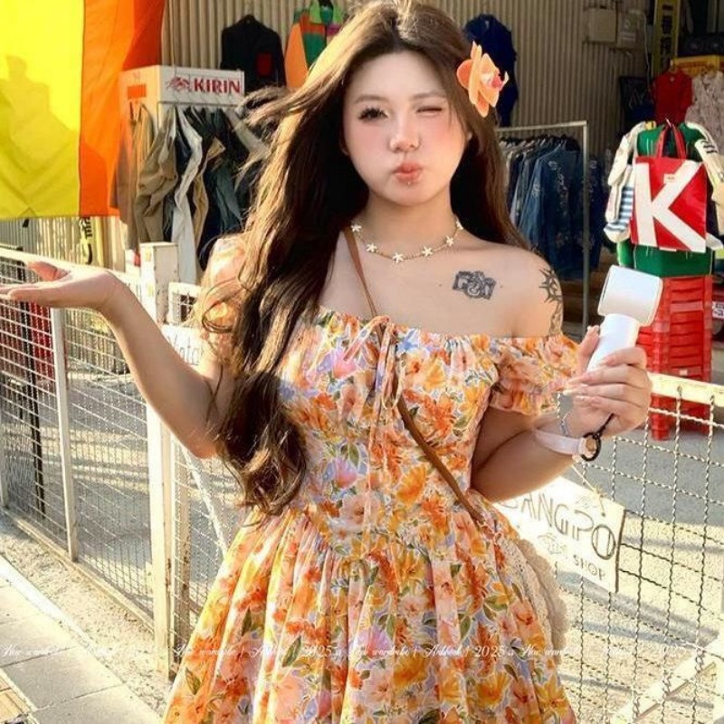 2026 new Orange Floral Print O - đánh giá và giá Off Shoulder Puff Sleeve Sundress