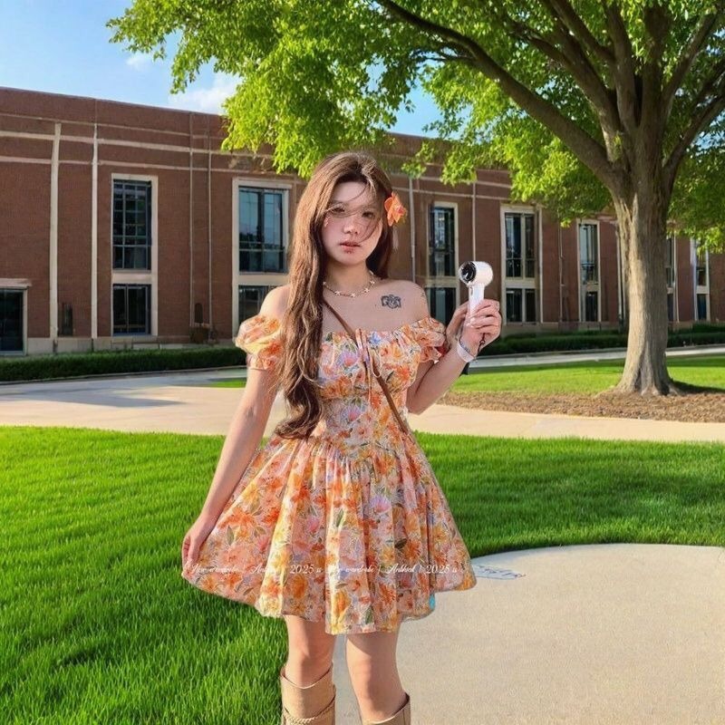 2026 new Orange Floral Print O - đánh giá và giá Off Shoulder Puff Sleeve Sundress