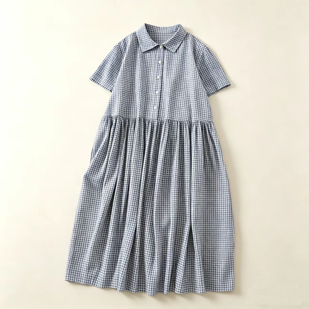Blue Plaid  Collar Midi Dress  - đánh giá và giá Casual Loose Linen Shirt Dress