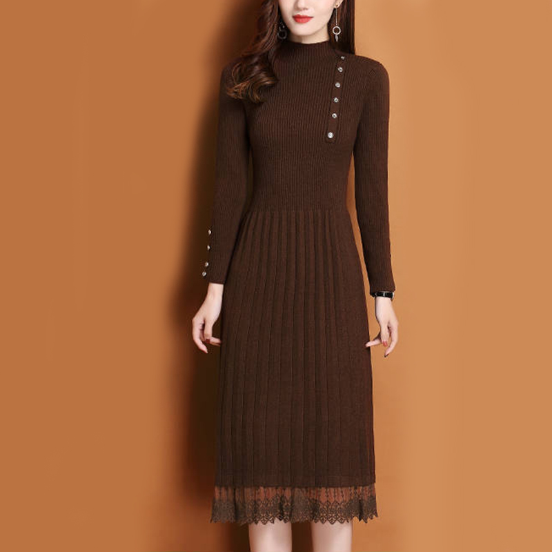 Đầm Ren Viền Nút Nữ Thu Đông Á - đánh giá và giá Bodycon Long Sleeve Ribbed Dress