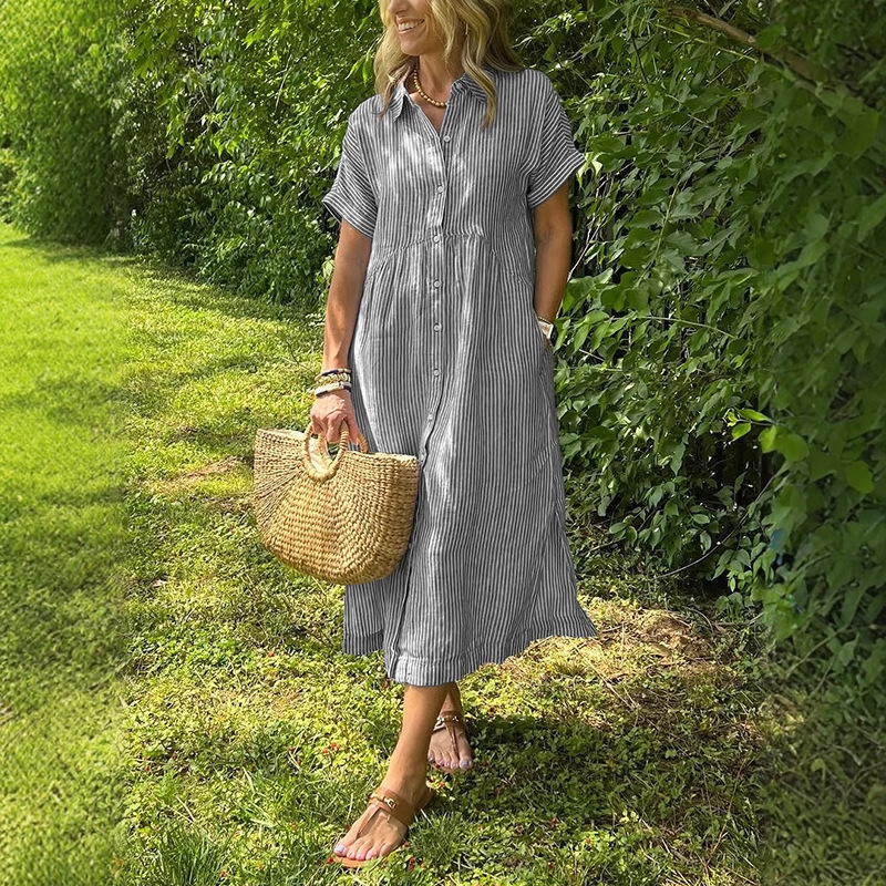 Women Striped Shirt Dress Summ - đánh giá và giá Casual Loose Linen Shirt Dress