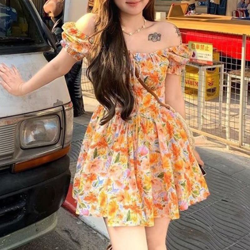 Hotsale Orange Floral Print Of - đánh giá và giá Off Shoulder Puff Sleeve Sundress
